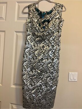 RACHEL Rachel Roy Silver Metallic Sheath Dress with Teal Embellishment
